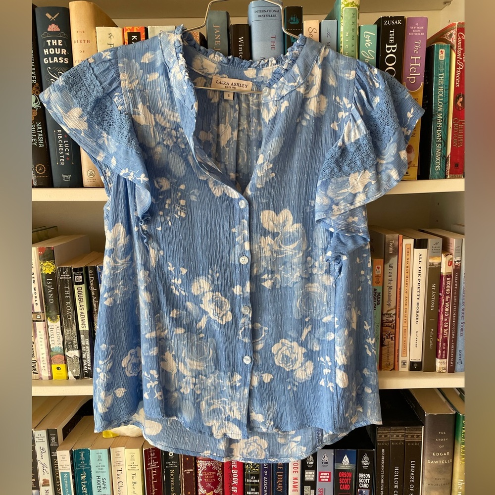 Laura Ashley Blue and White Floral Short Sleeve Blouse